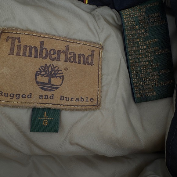 Vintage Timberland Mens Puffer Jacket Brown Duck Down Full Zip Hooded Large - Picture 7 of 12